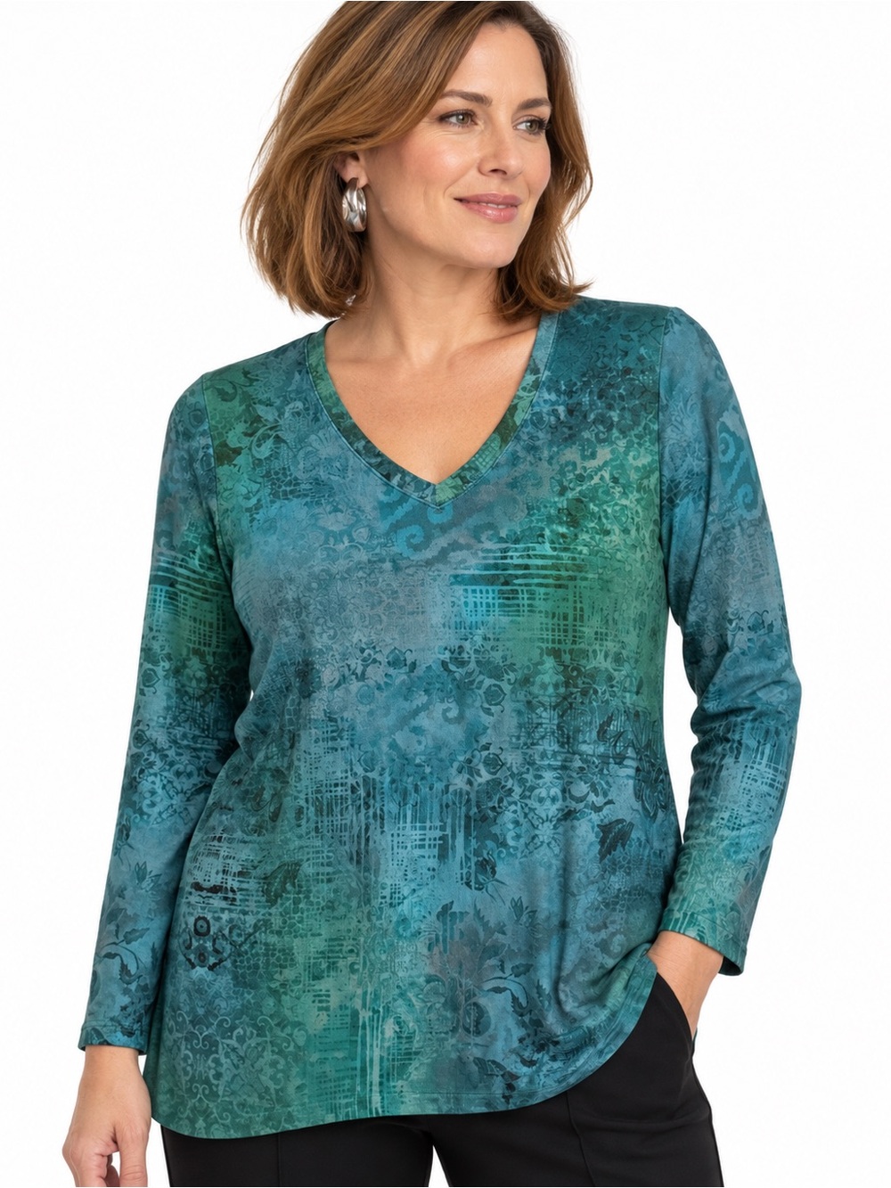 Soft Surroundings Teal Blue Green Abstract Print V Neck Long Sleeve Top Large